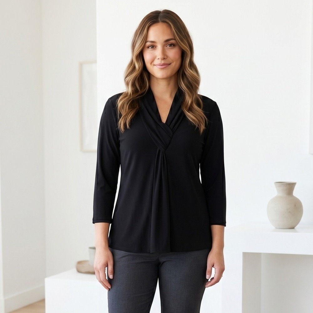 JM Fleurette Womens Medium Black Drape Neck Gathered Front Long Sleeve Knit Top
